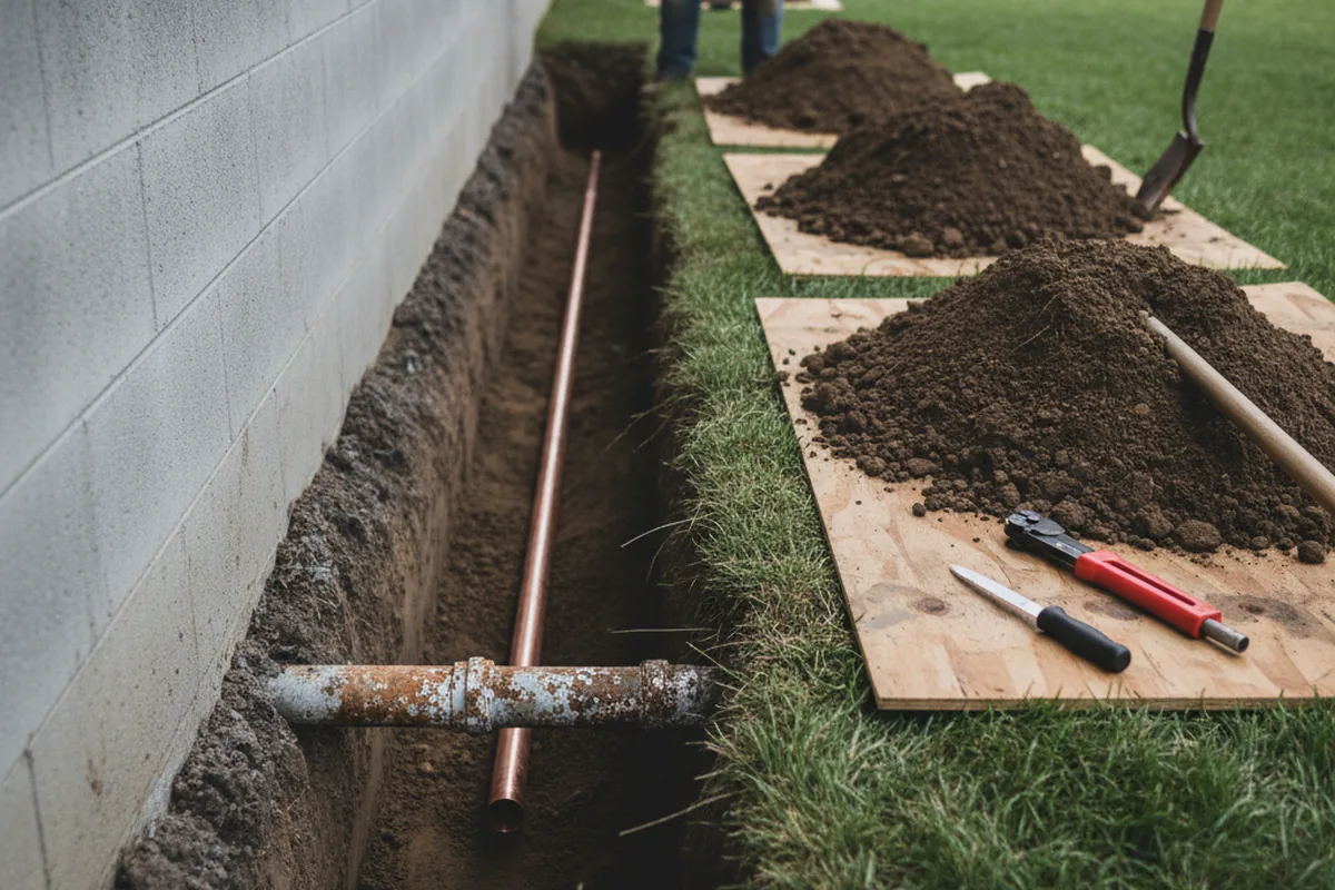 Excavated water line trench during Water Heater Repair in Brooks